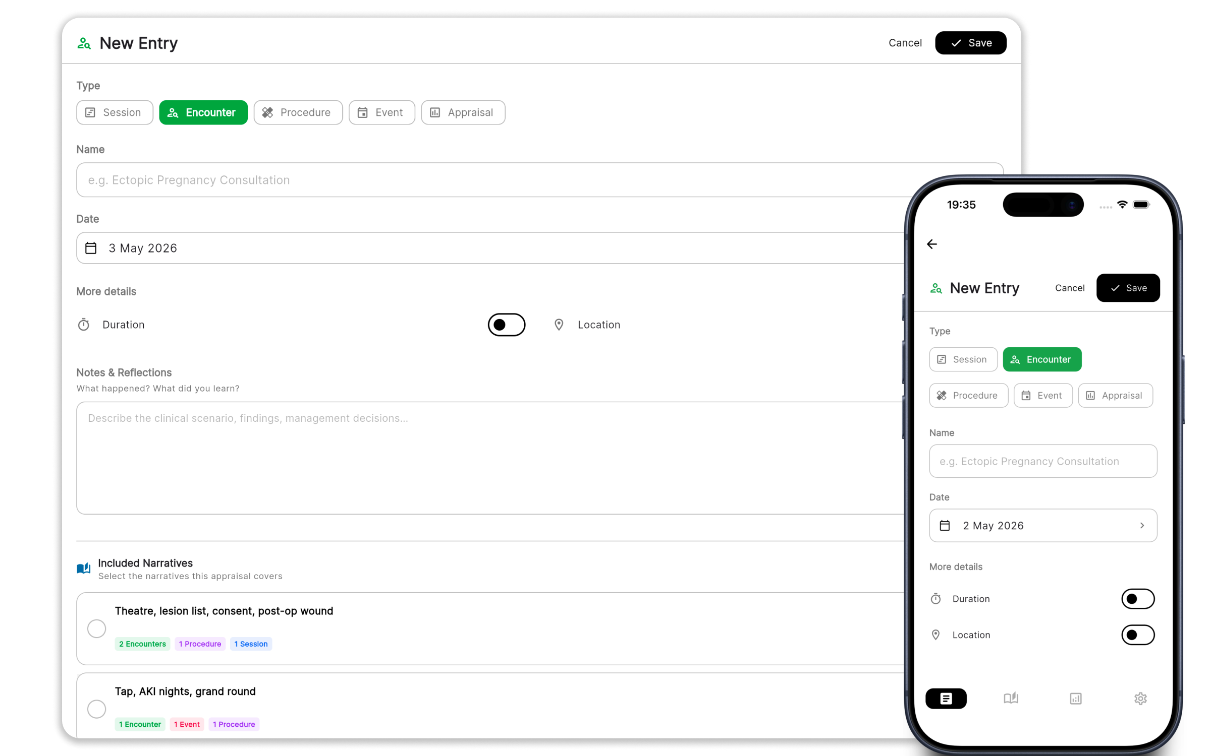 Odyssey — creating or editing a clinical journal entry in the web app