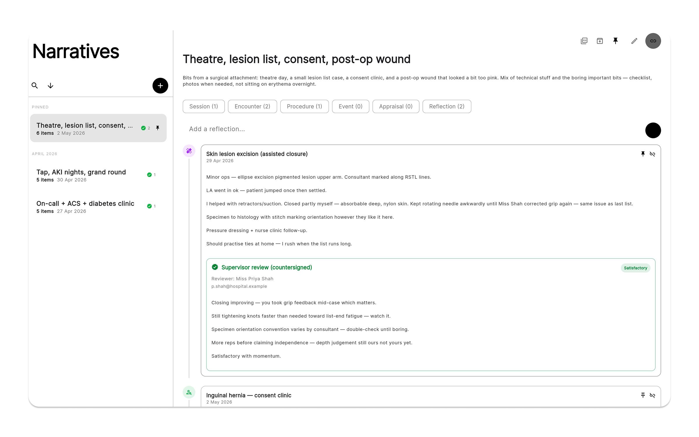 An Odyssey narrative connecting clinical entries, reflections and peer feedback